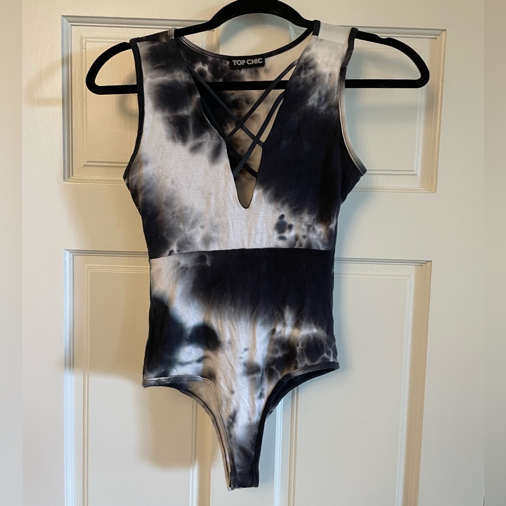 Navy and white tie dye bodysuit with lace up detail size small